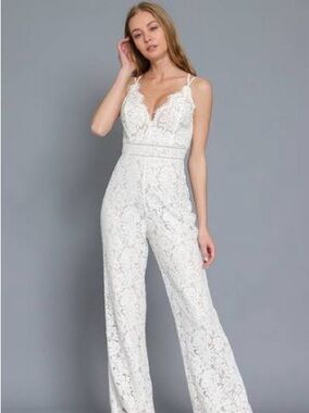 Aakaa White Lace Plunge V-Neck Jumpsuit